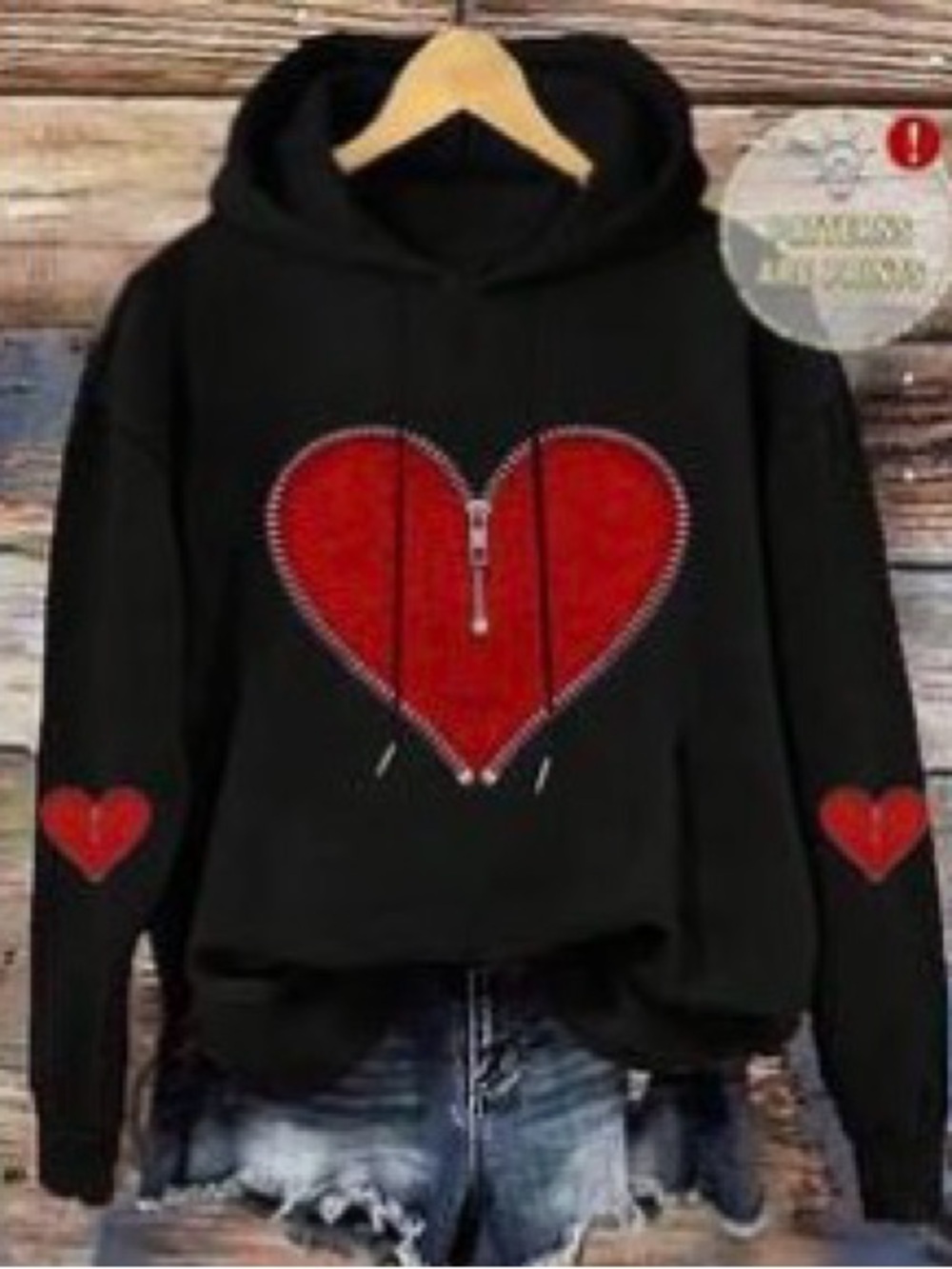 Emory Rose Black Hoodie Sweatshirt with Giant Heart Graphic